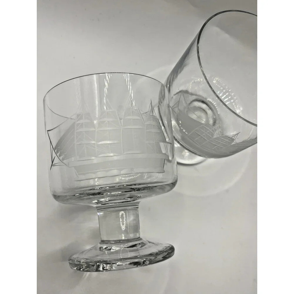 Vintage Crystal Whiskey Glasses Toscany Etched Clipper Ship Nautical Tumbler (2)